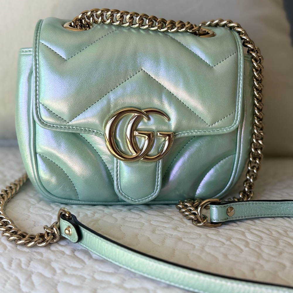 ❌ SOLD ❌    NEW Gucci Marmont -Mini Shimmering Minty/Aqua Shoulder Bag